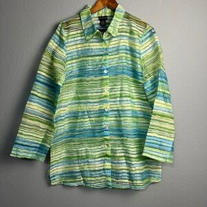 Citiknits Women's Medium M Button Down Sheer‎ Striped Top Blouse Green Blue